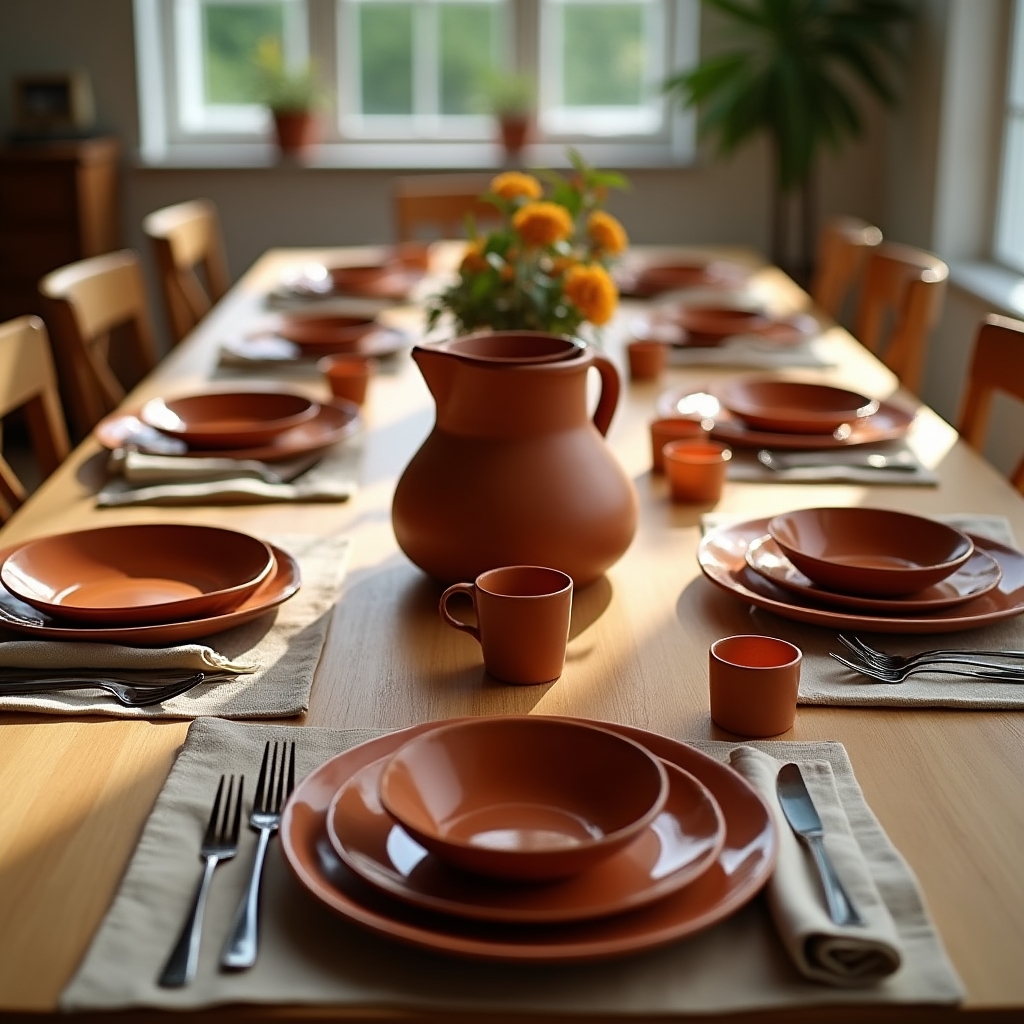 Vajilla artesanal completa dispuesta sobre una mesa de comedor para un proyecto a medida