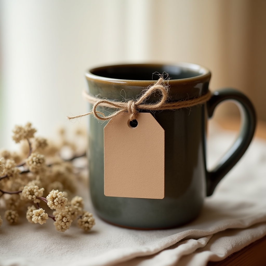 Etiqueta de cartón con hilo natural atada a una taza de cerámica como tarjeta regalo