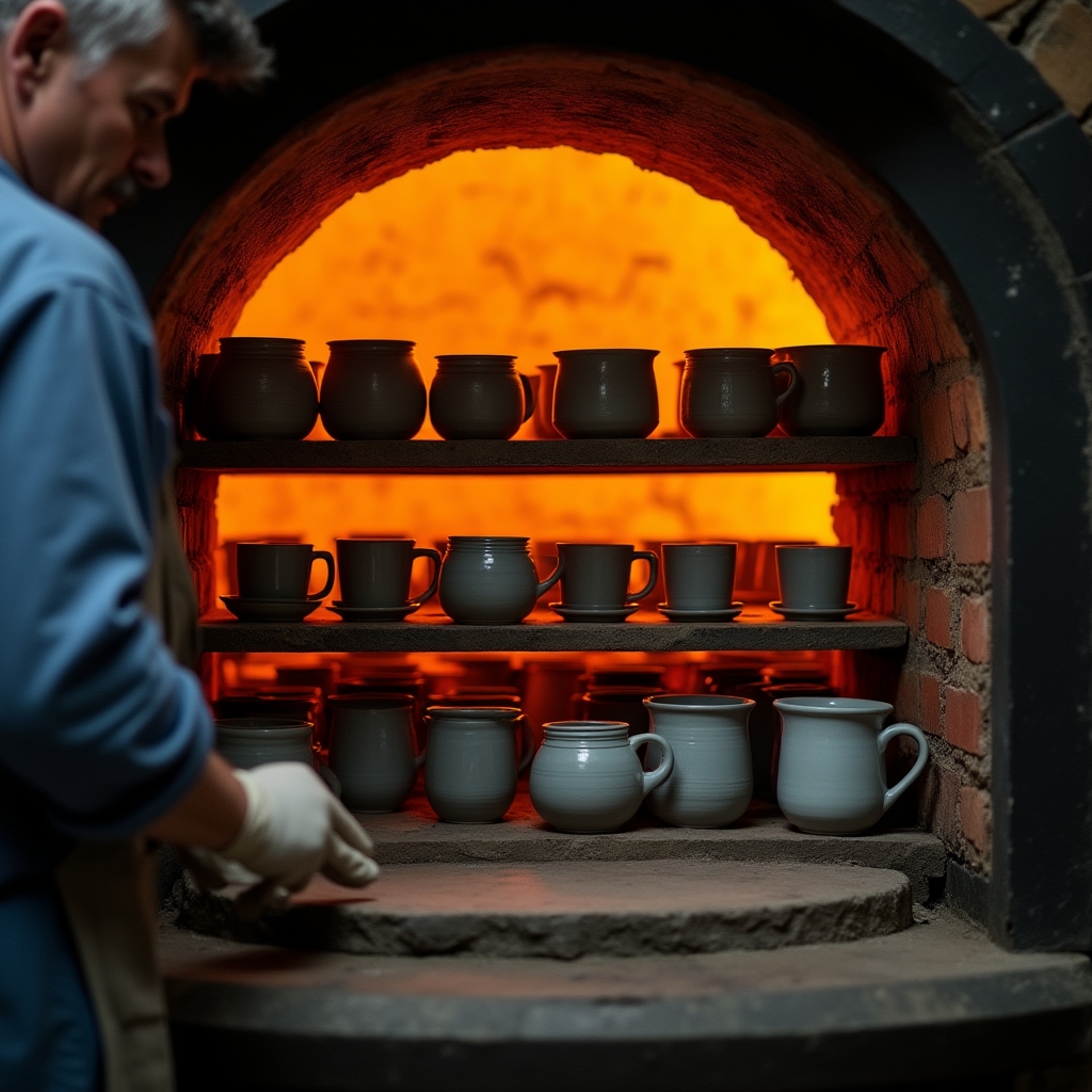 Horno de cerámica encendido durante el proceso de cocción de piezas esmaltadas